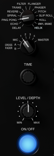 DJM Beat FX section showing the channel selector, TIME and LEVEL/DEPTH knobs, and the ON/OFF button